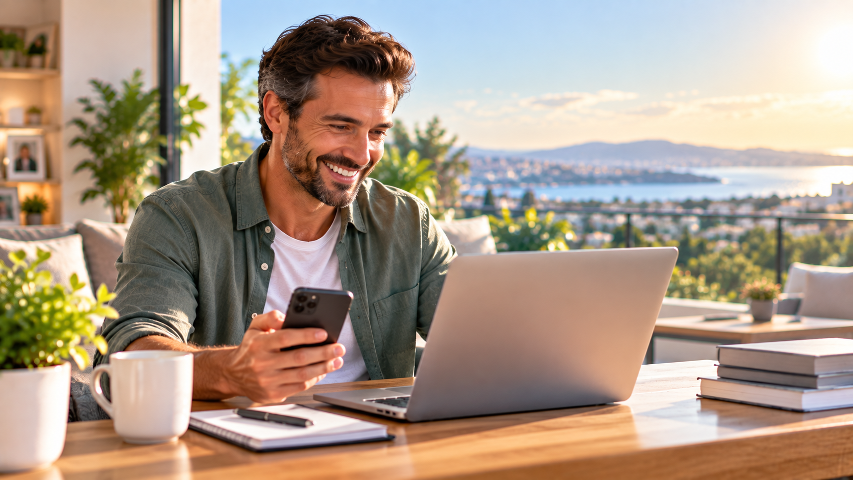 Smiling man outdoors holding his phone