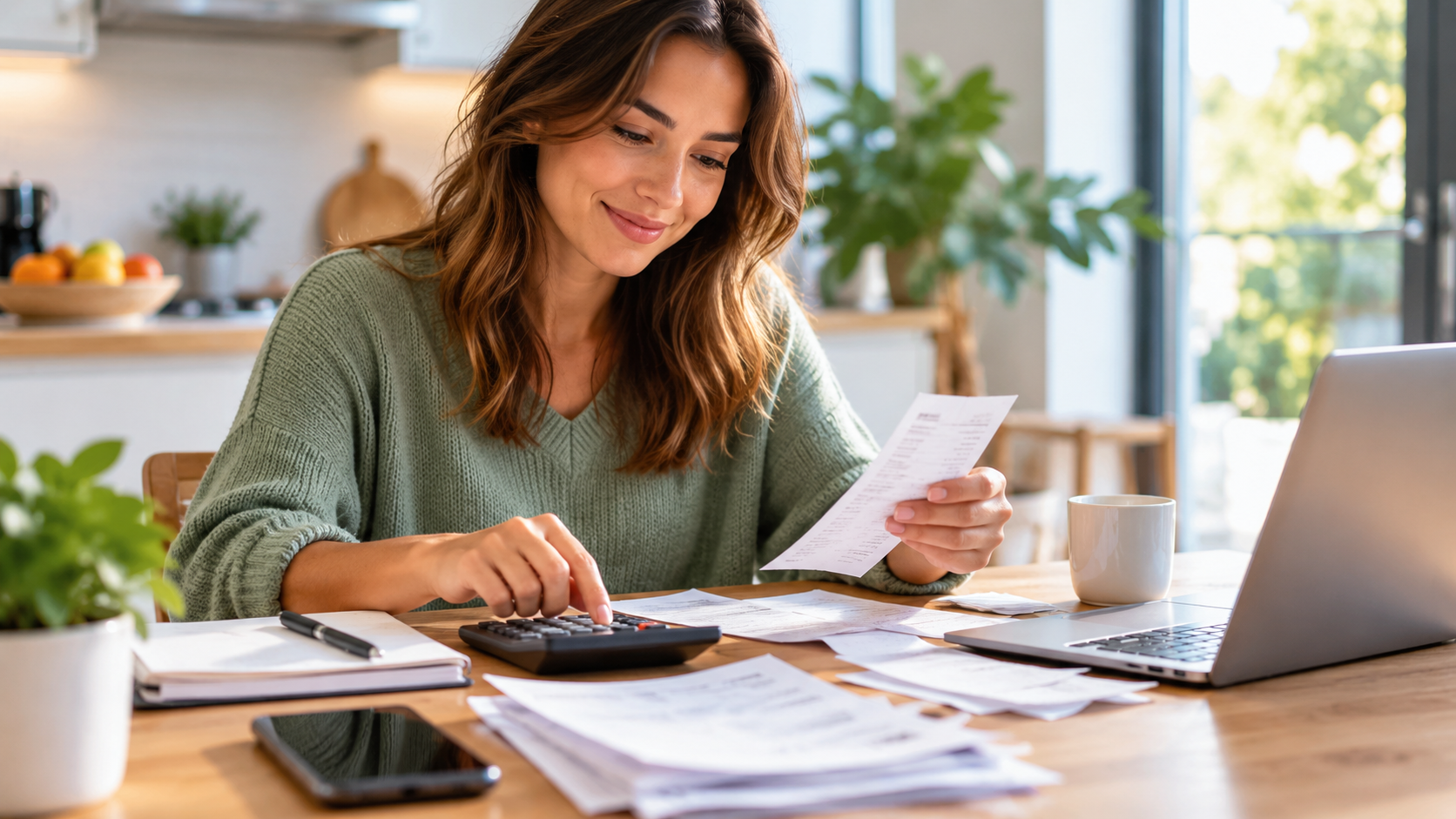 Smiling woman at her desk with a notebook