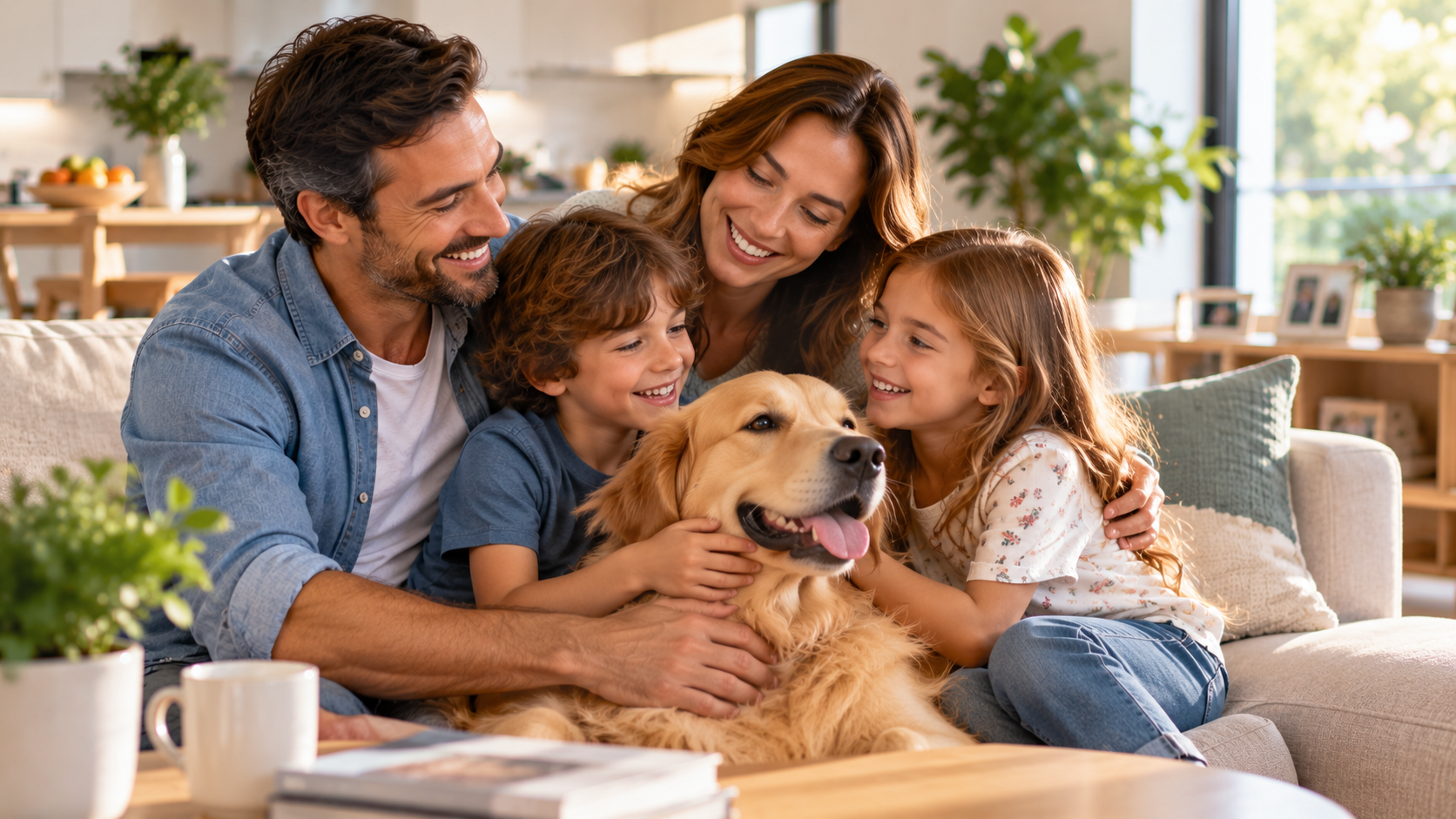 Parents smiling with their child at home
