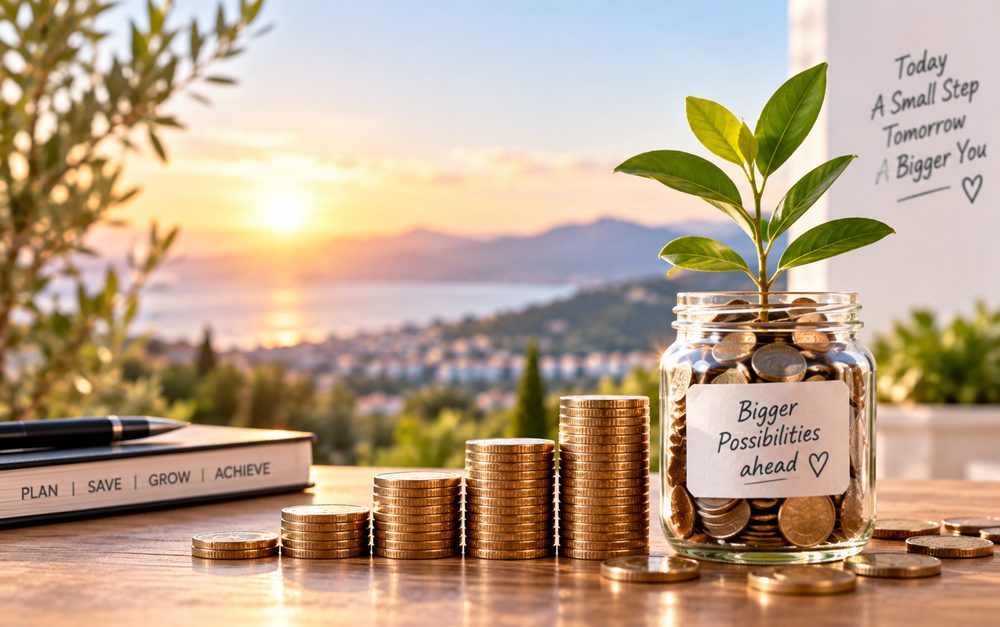 Illustration of a piggy bank with a plant and a graduation cap