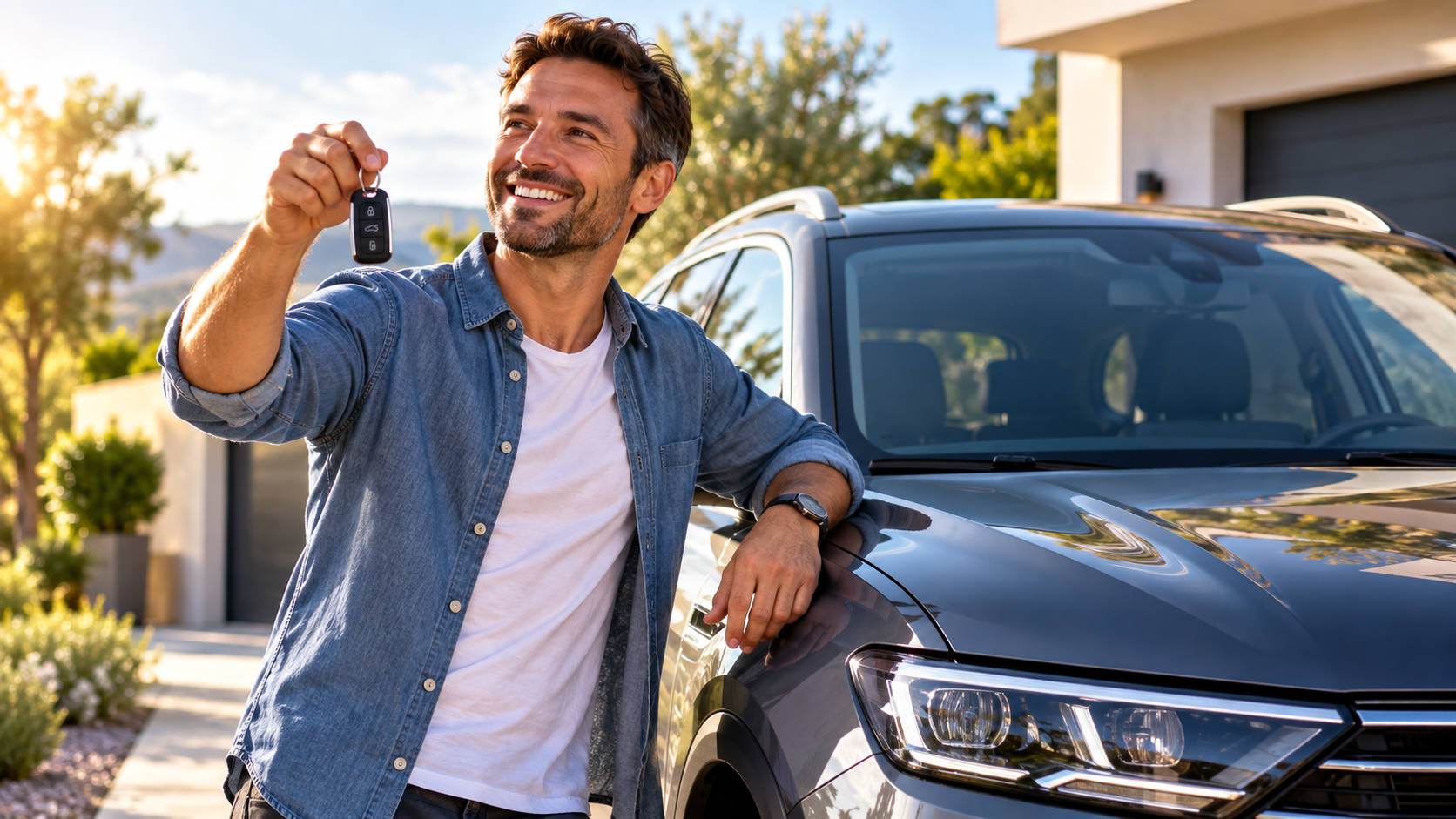 Smiling man outside his home beside his car