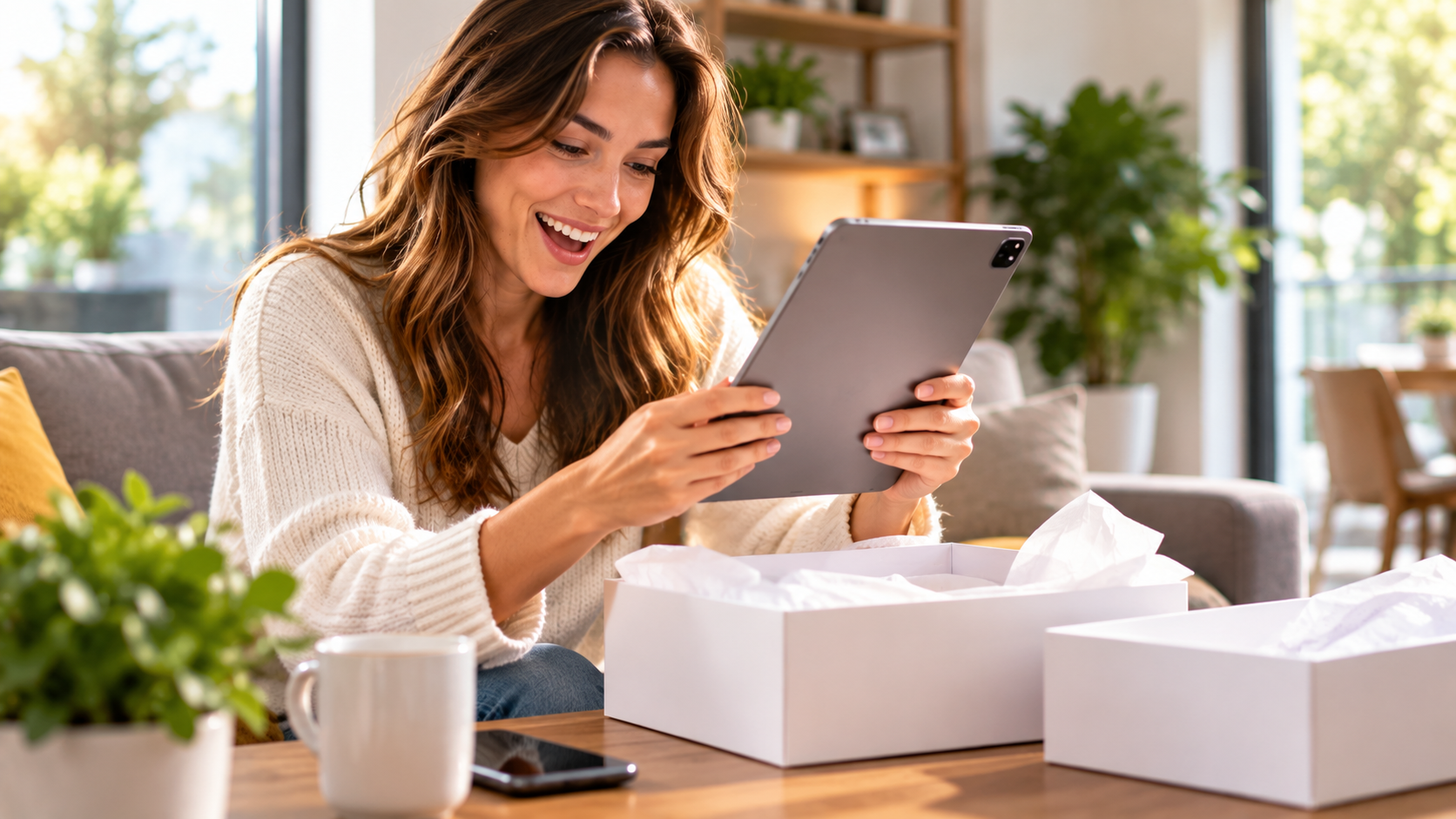 Excited woman unboxing a new phone